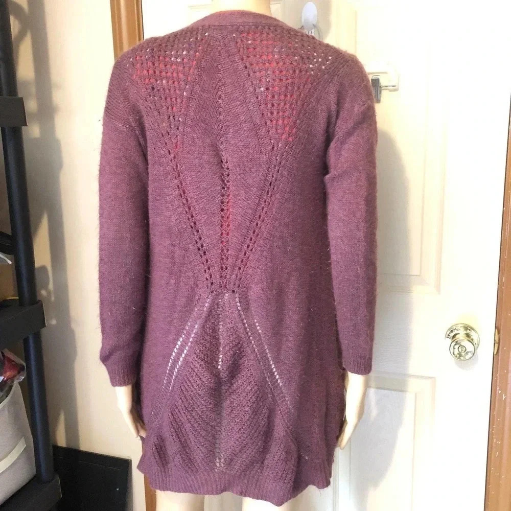 Pink Rose Open Cardigan Women Size XS Knit Burgundy Stretch Pockets